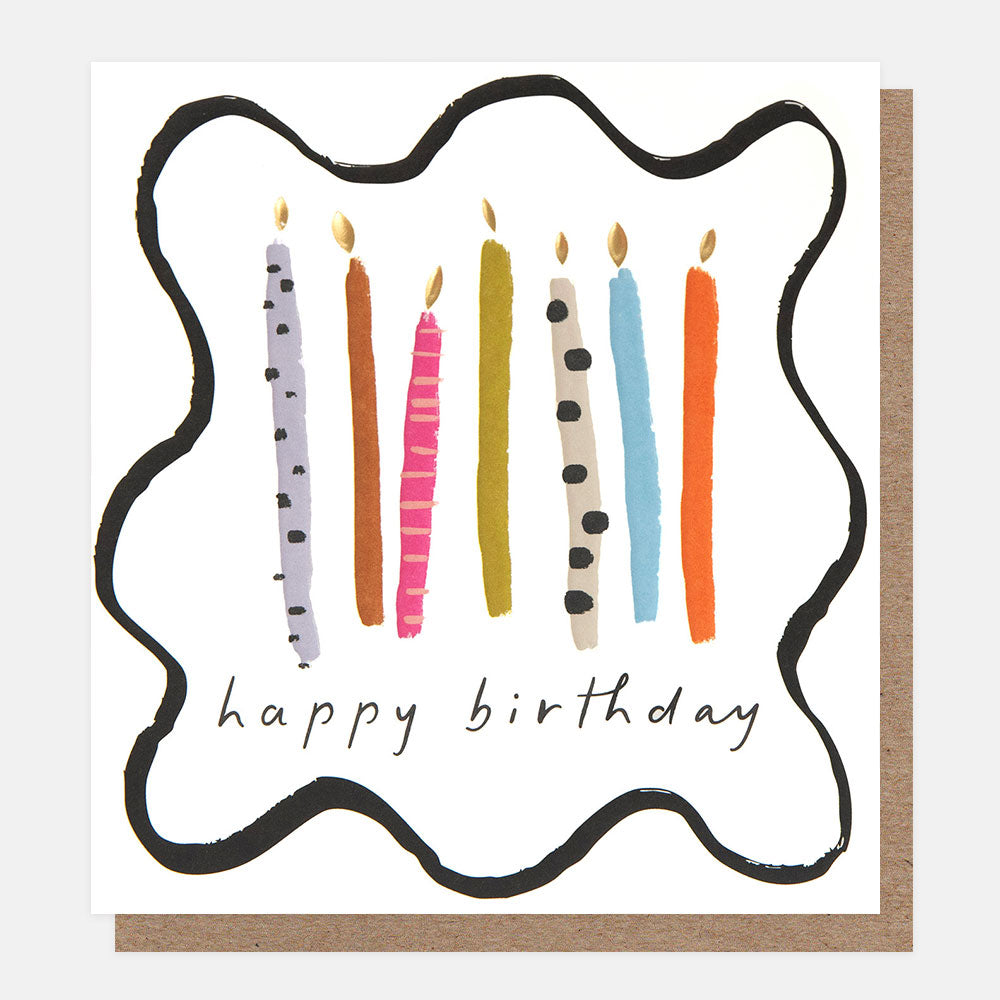 birthday card featuring colourful candles and 'happy birthday' message in a wavy black border