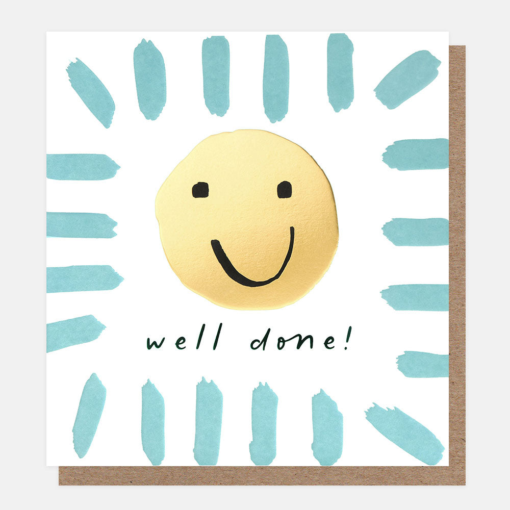 Congratulations card with a smiley face and 'well done!' text on a white background with blue abstract patterns.