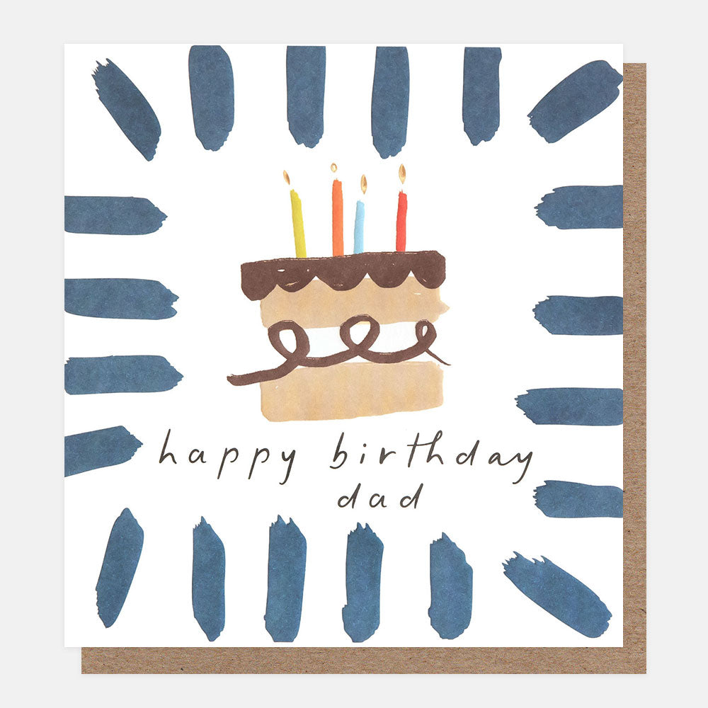 Birthday card for dad with a cake illustration and candles on a blue and white striped background.