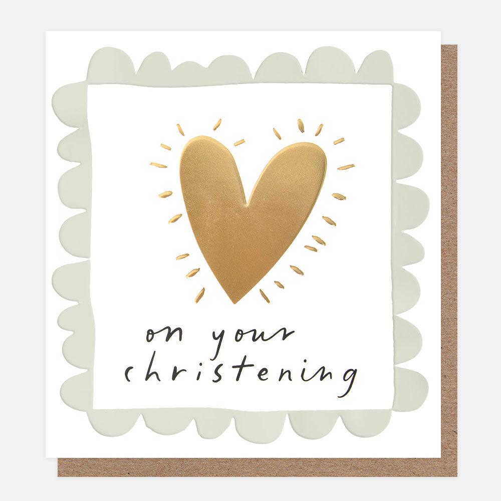 Greeting card with a gold heart and 'on your christening' text on a white background