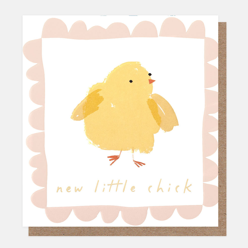 A square greeting card featuring a hand-drawn yellow chick on a white background with a pale pink scalloped border and the words 'new little chick' in light tan script. A brown kraft envelope is partially visible behind the card.