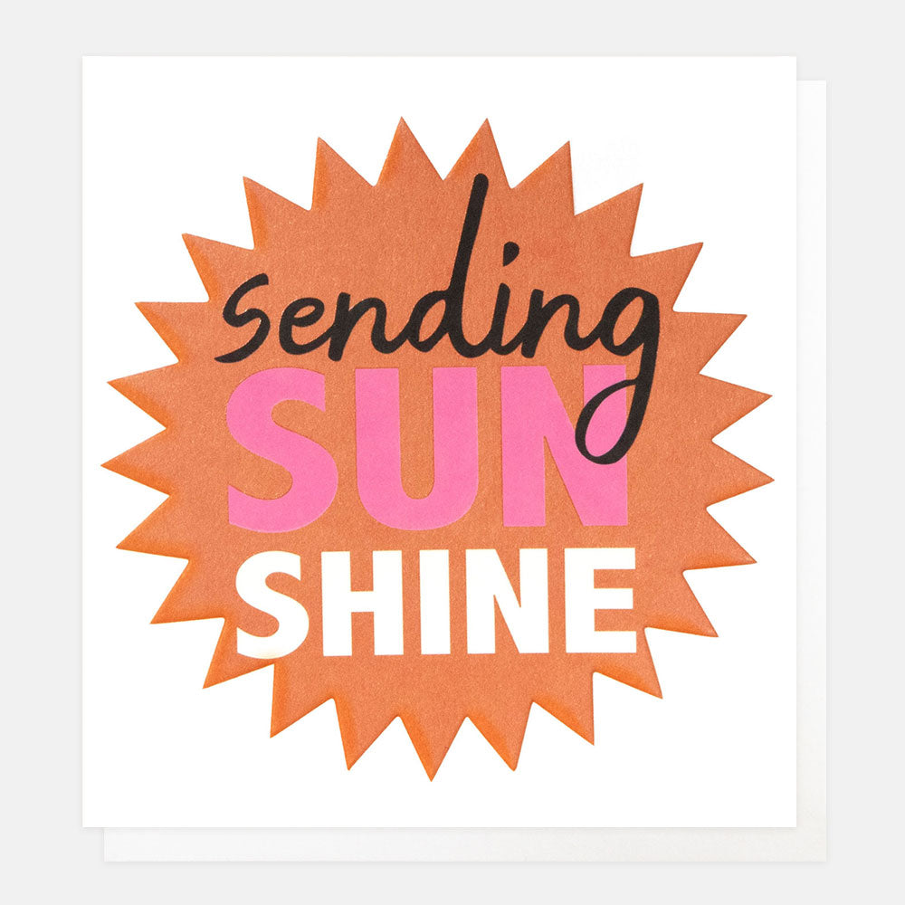 greetings card with an orange sunburst shape on a white background and the text 'sending sunhine' 