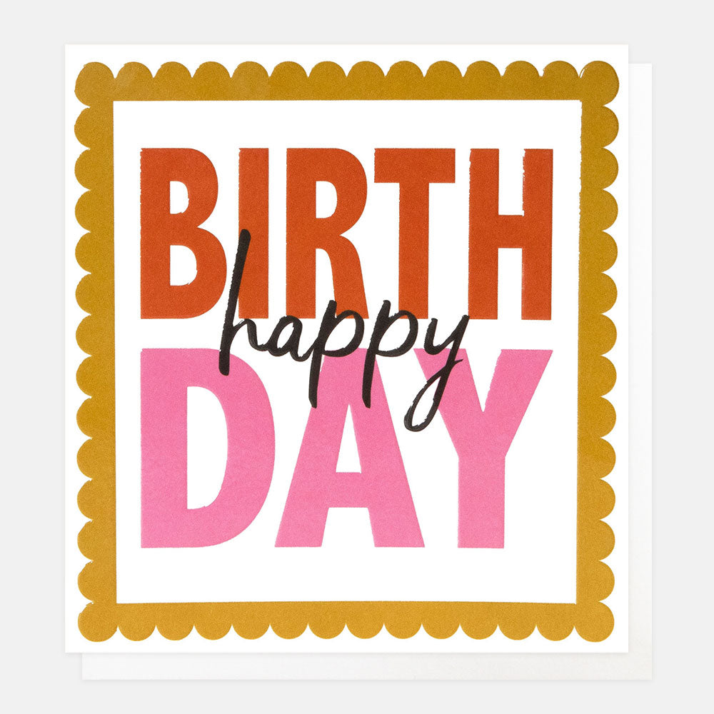 greetings cards with bold red & pink text 'happy birthday' on a white background inside a mustard yellow scalloped border