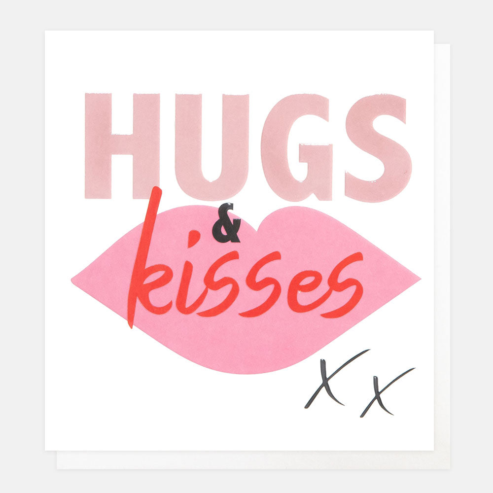 greetings card featuring pink lips and the text 'hugs & kisses xx' in pink & red on a white background 