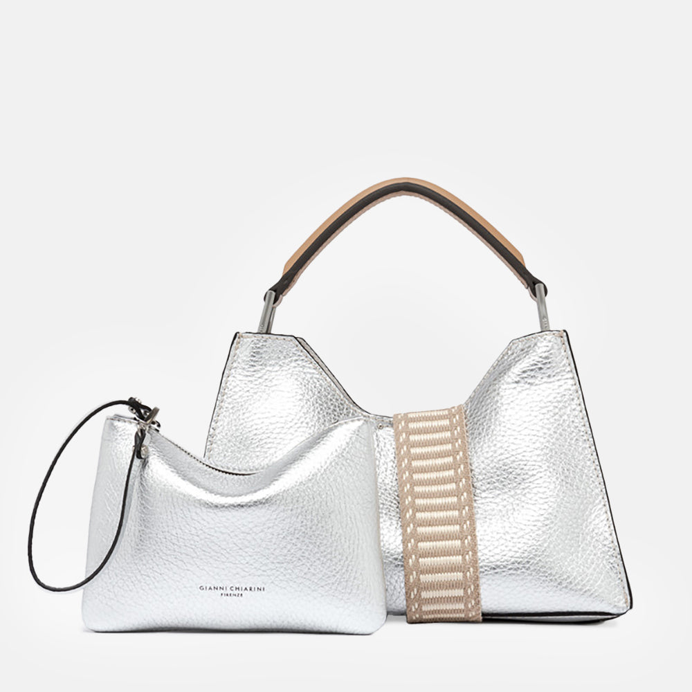 silver leather aurora handbag crossbody bag, made in Italy by Gianni Chiarini
