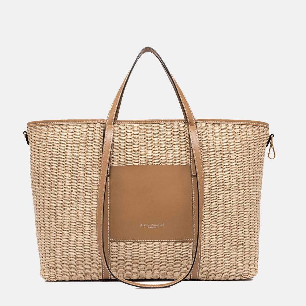 straw and tan leather superlight tote bag, made in Italy by Gianni Chiarini