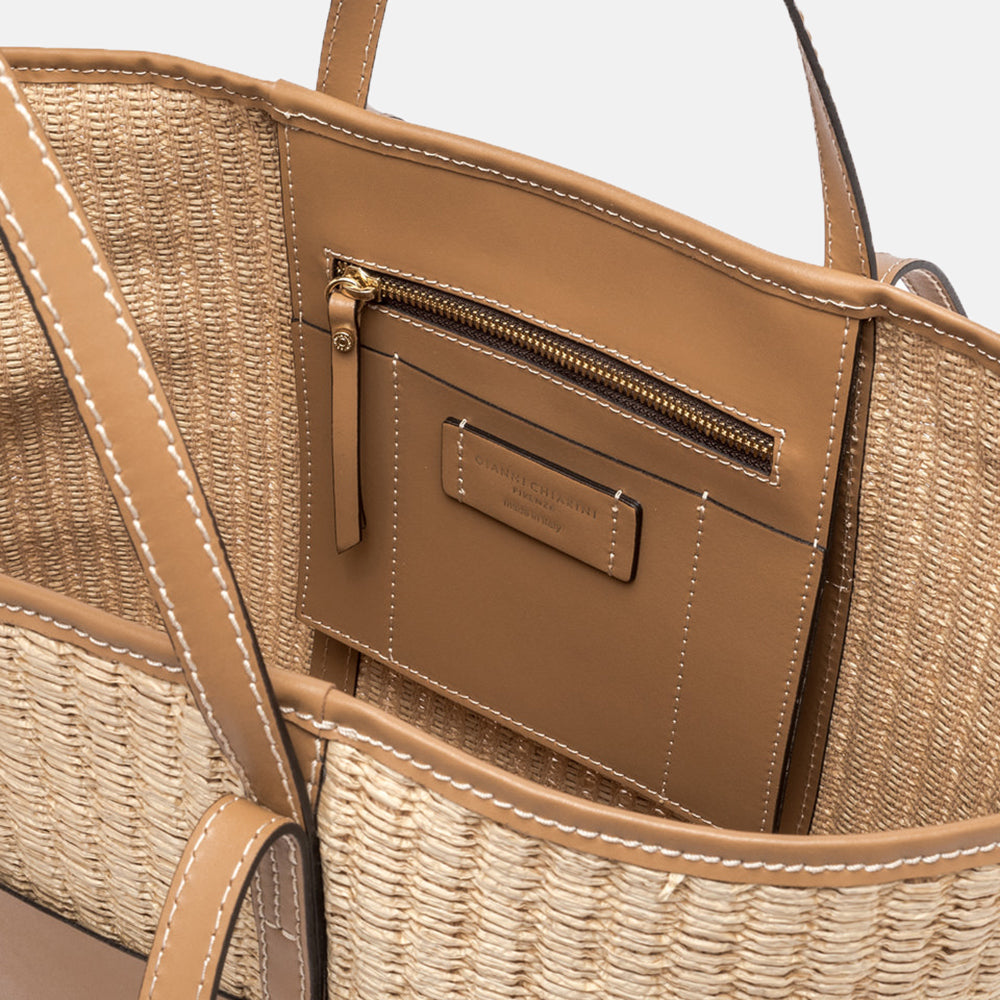 straw and tan leather superlight tote bag, made in Italy by Gianni Chiarini