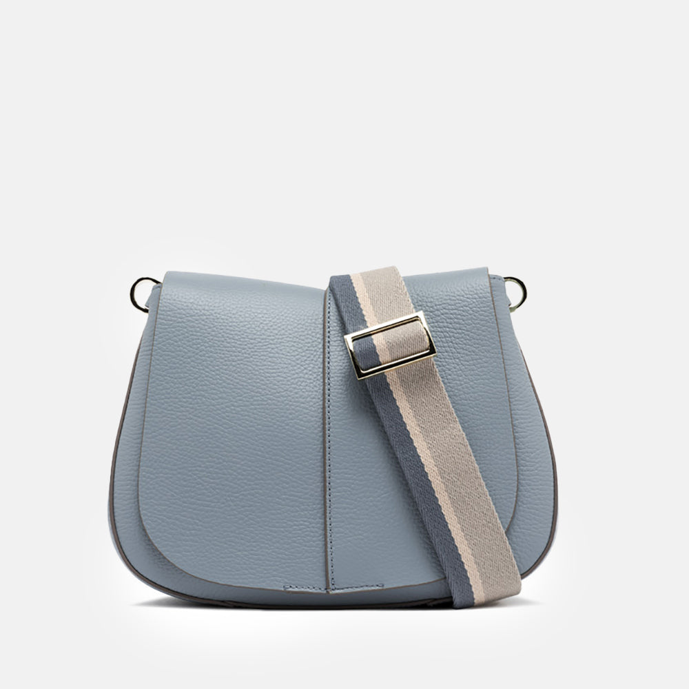 light blue leather helena saddle crossbody bag, made in Italy by Gianni Chiarini