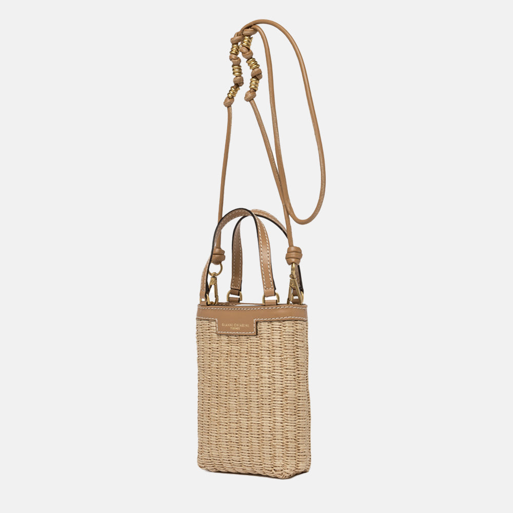 straw & tan leather camilla phone bag, made in Italy by Gianni Chiarini