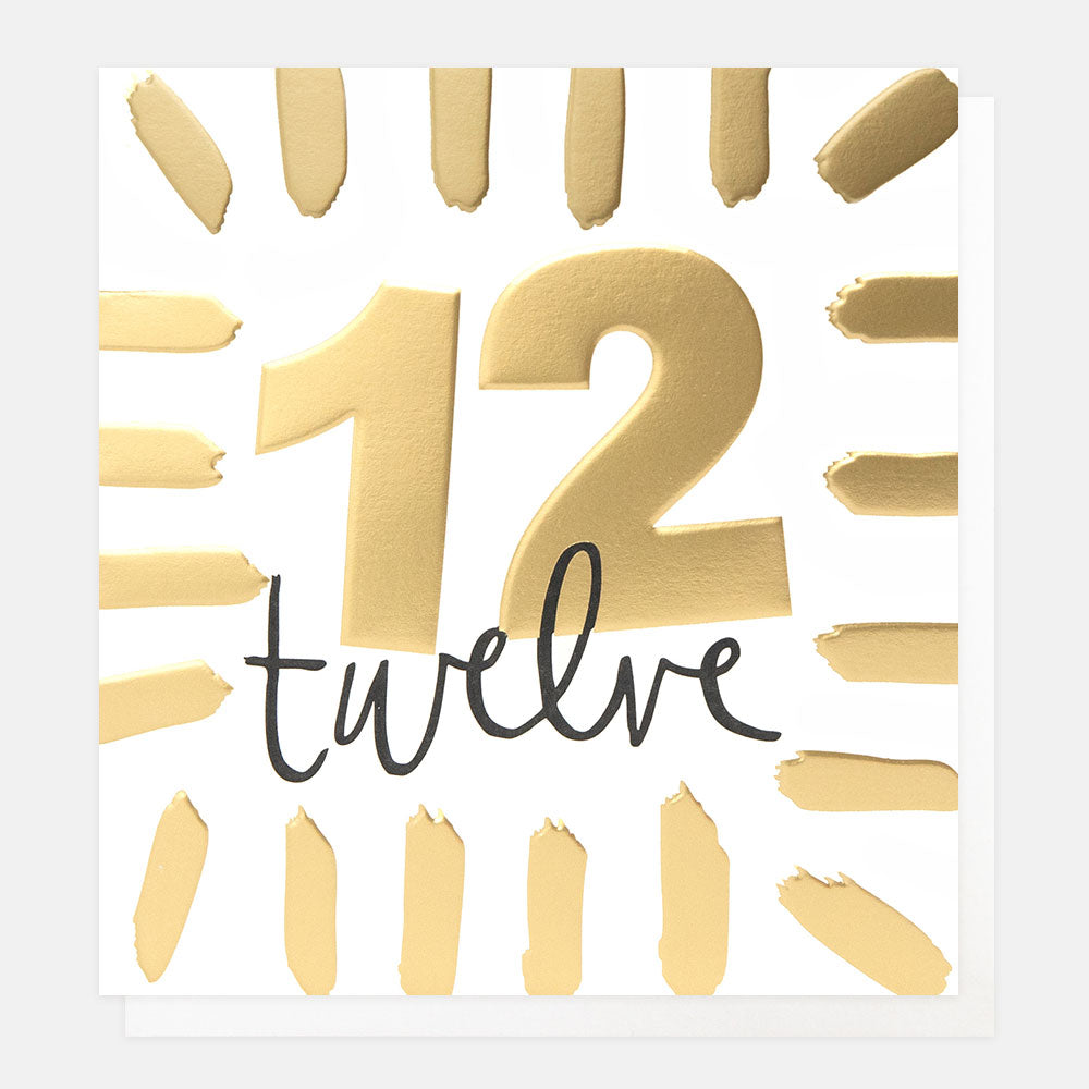 birthday card featuring the number 12 in gold foil and the word 'twelve' in black handwritten style lettering
