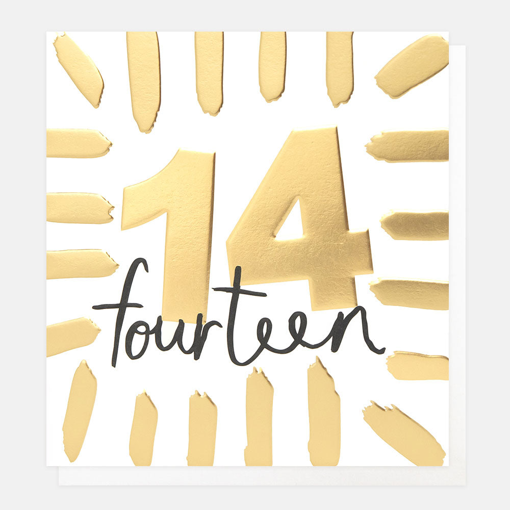 birthday card featuring the number 14 in gold foil and the word 'fourteen' in black handwritten style lettering
