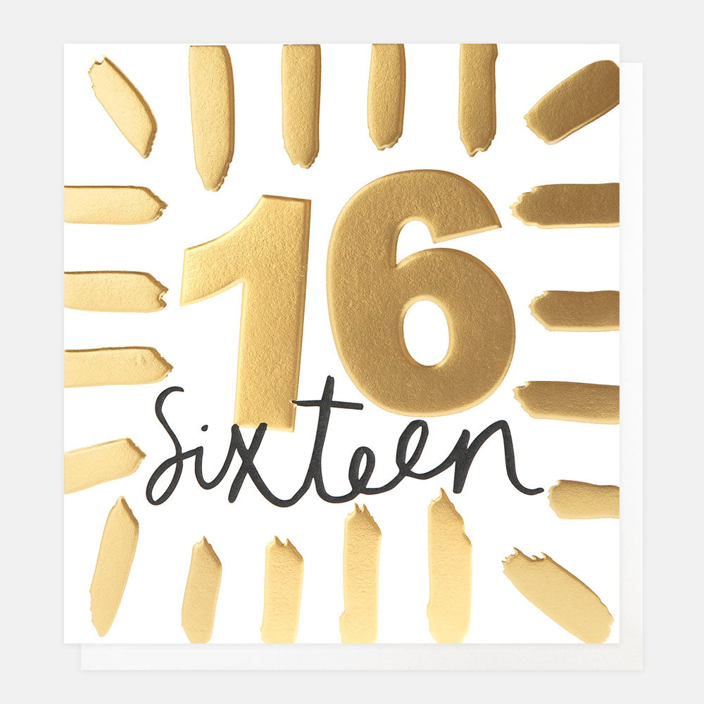 birthday card featuring the number 16 in gold foil and the word 'sixteen' in black handwritten style lettering