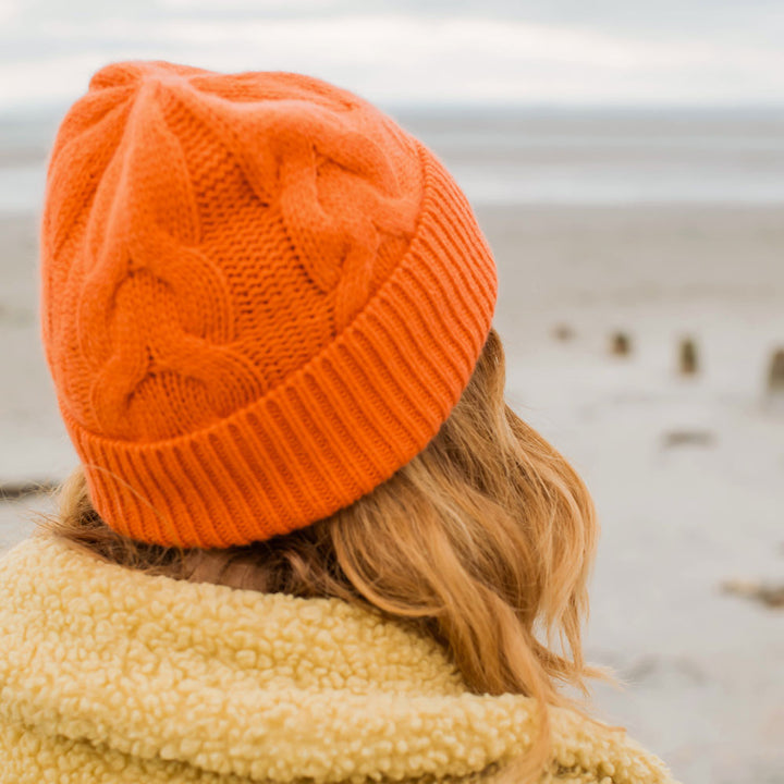 bright orange pure cashmere cable knit beanie hat