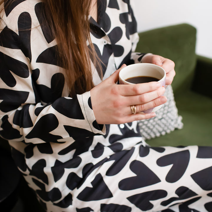 women's monochrome heart print pyjama set with long sleeved shirt and lounge pant