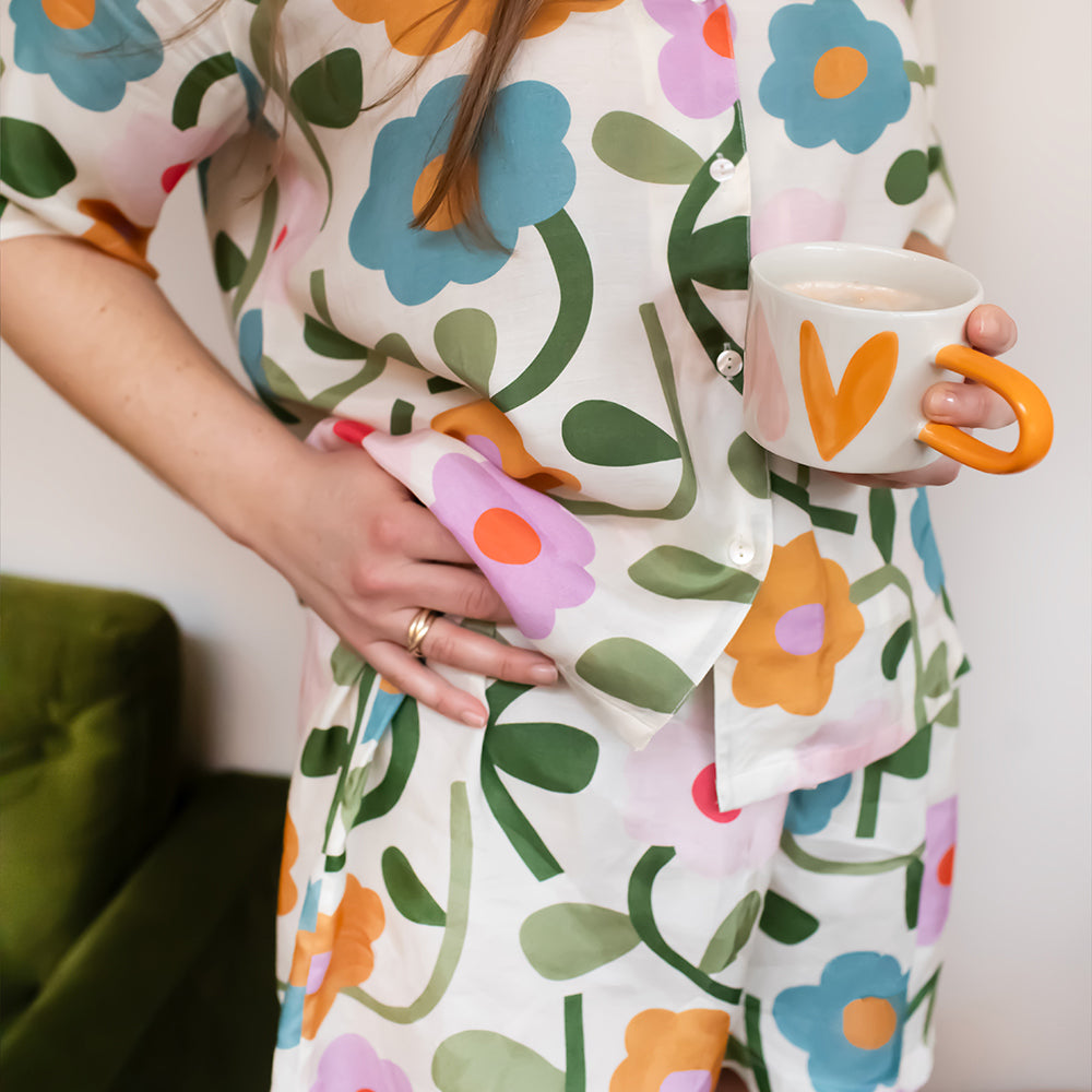 women's multi coloured flower print short sleeved shirt and shorts pyjama set