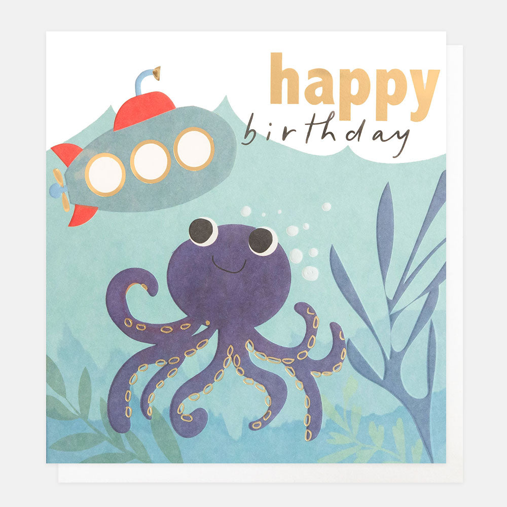 kid's birthday card featuring an underwater scene with a smiling octopus and submarine and gold 'happy birthday' text