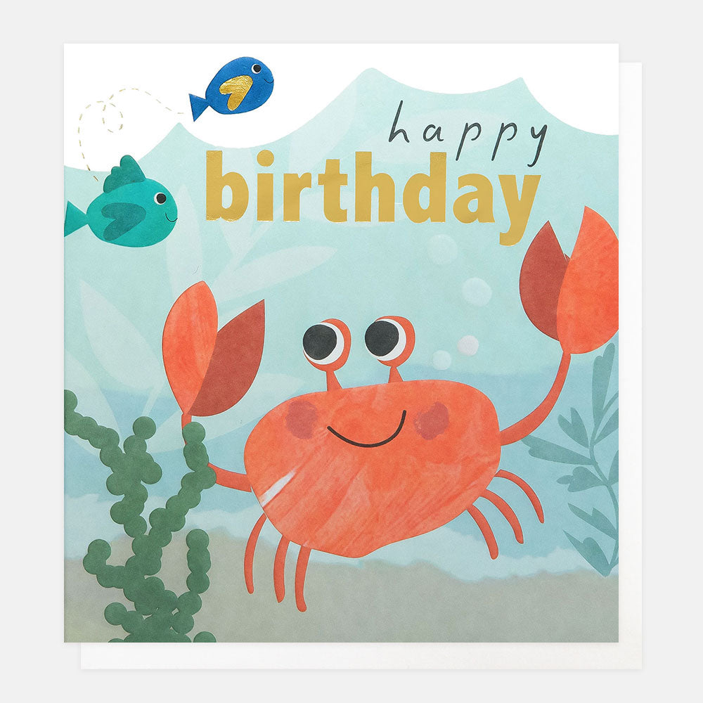 kid's birthday card featuring an orange crab and fish with 'happy birthday' text in gold