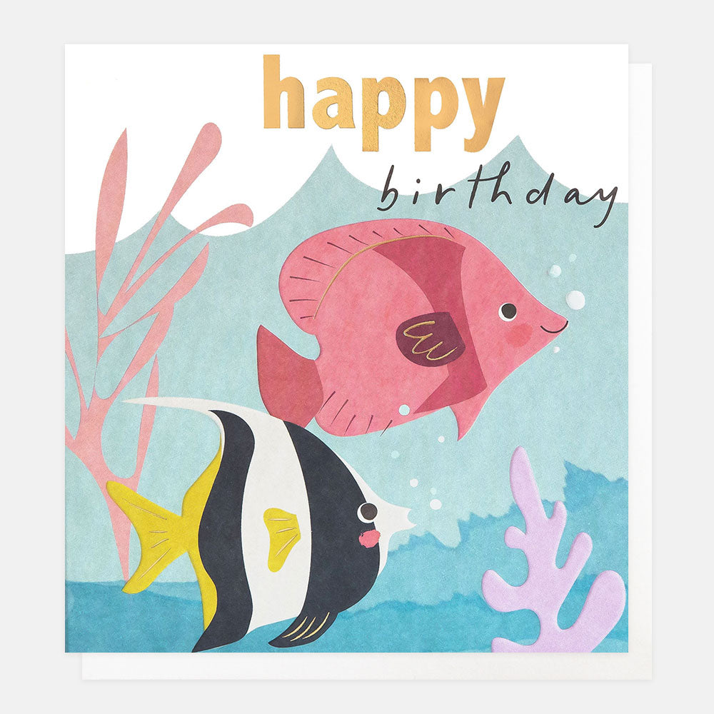 kids birthday card featuring a black & white striped angelfish and pink fish with seaweed and the text 'happy birthday' in gold