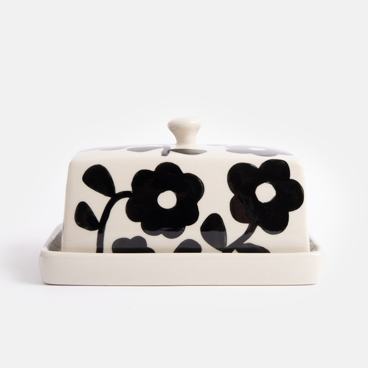 monochrome flower print hand painted glazed ceramic stoneware butter dish