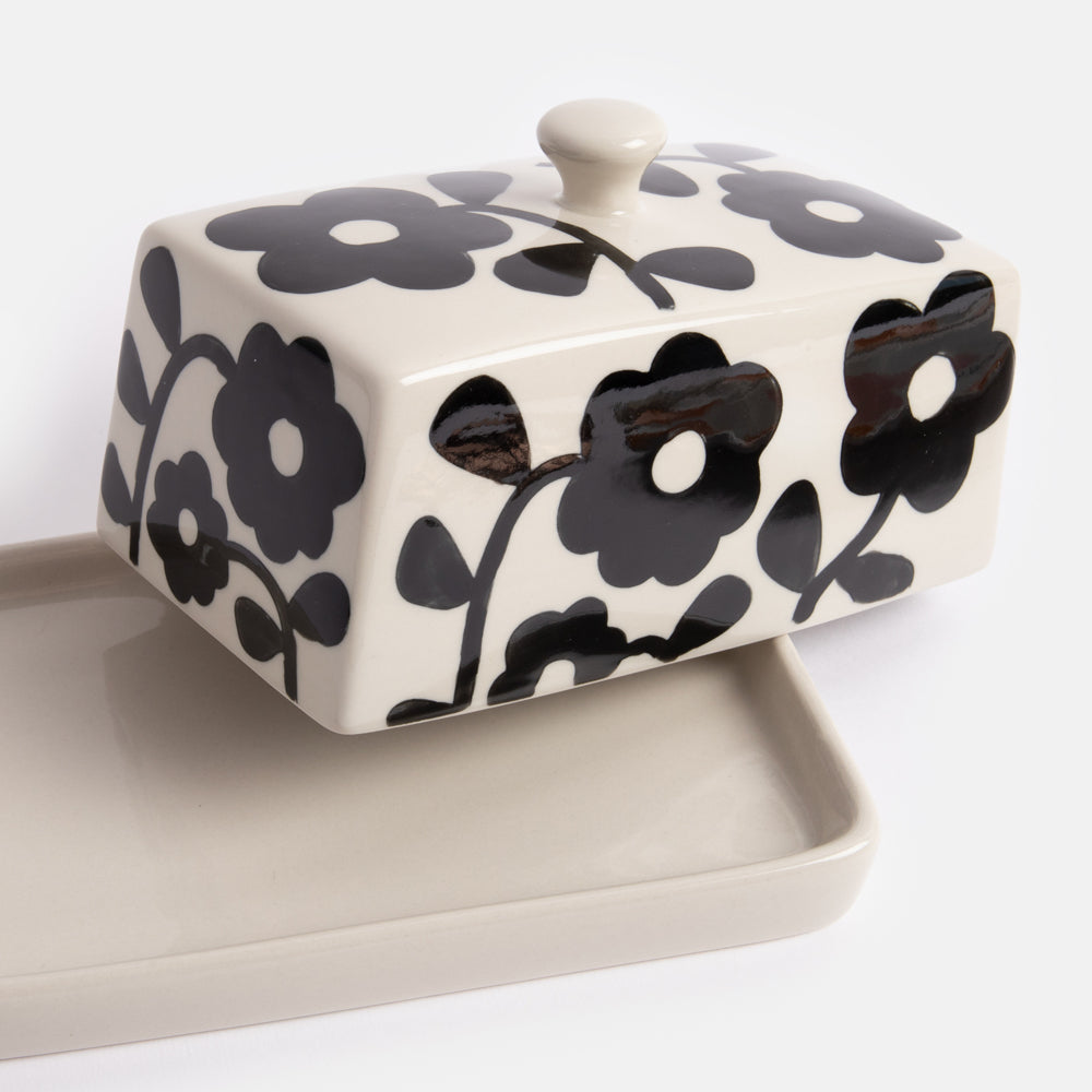 monochrome flower print hand painted glazed ceramic stoneware butter dish