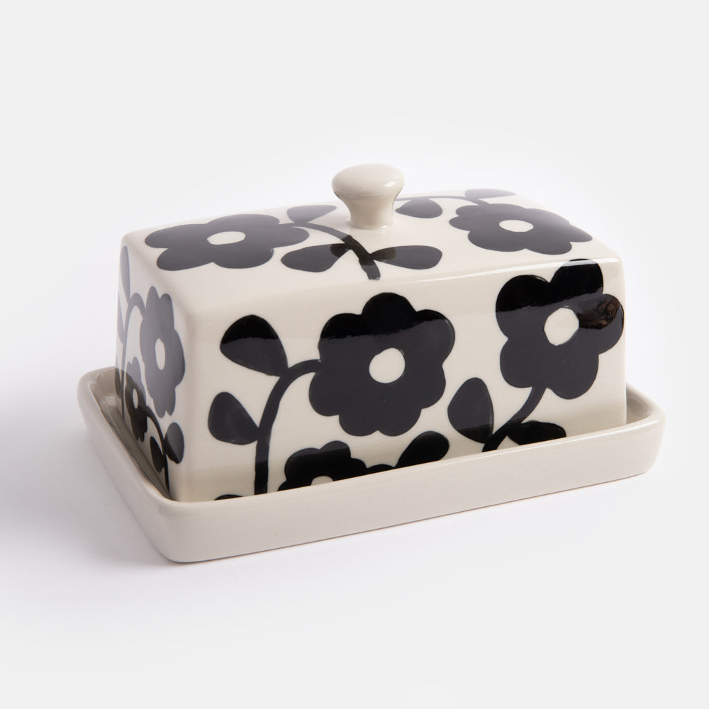 monochrome flower print hand painted glazed ceramic stoneware butter dish