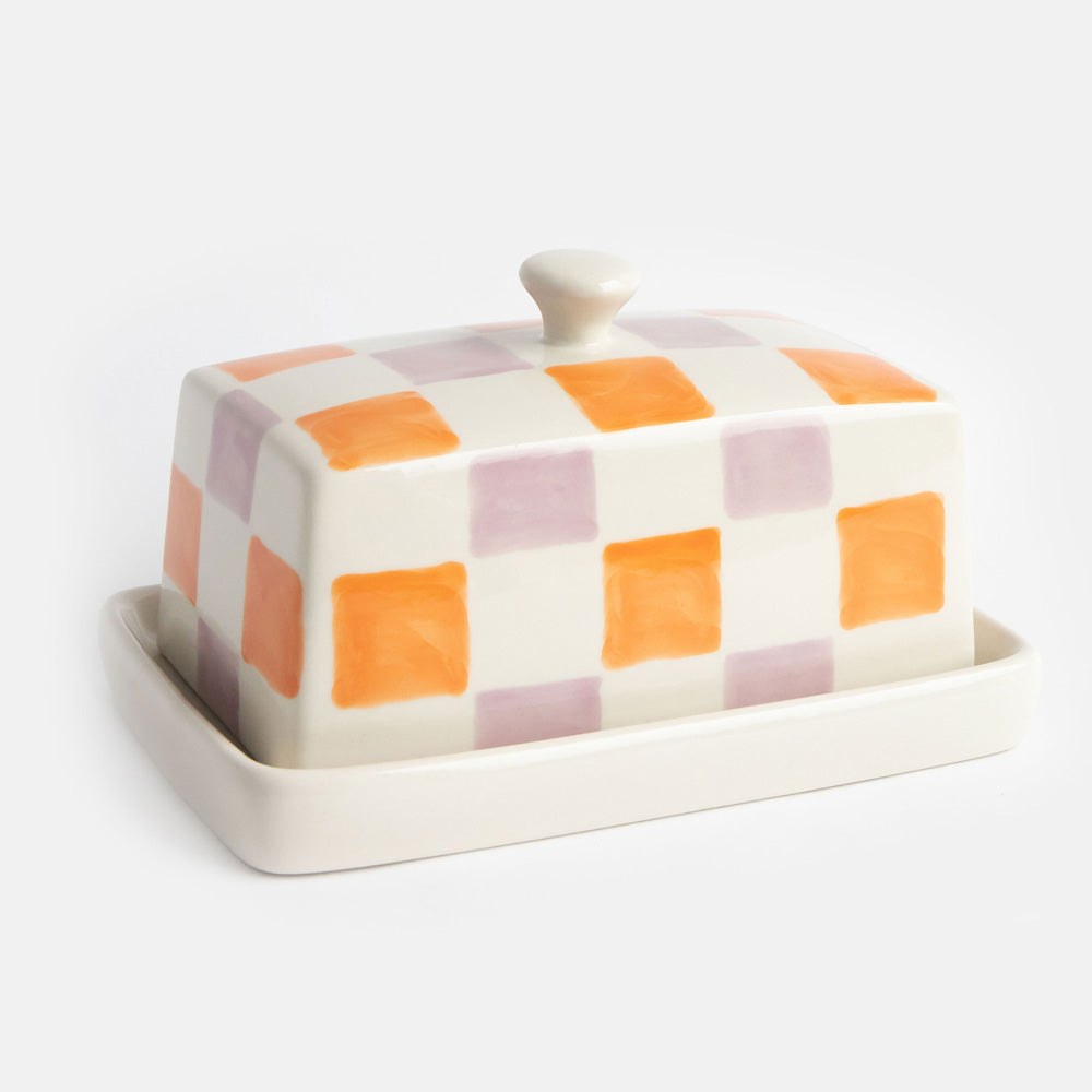 ceramic stoneware butter dish with handle in orange and lilac grid check design