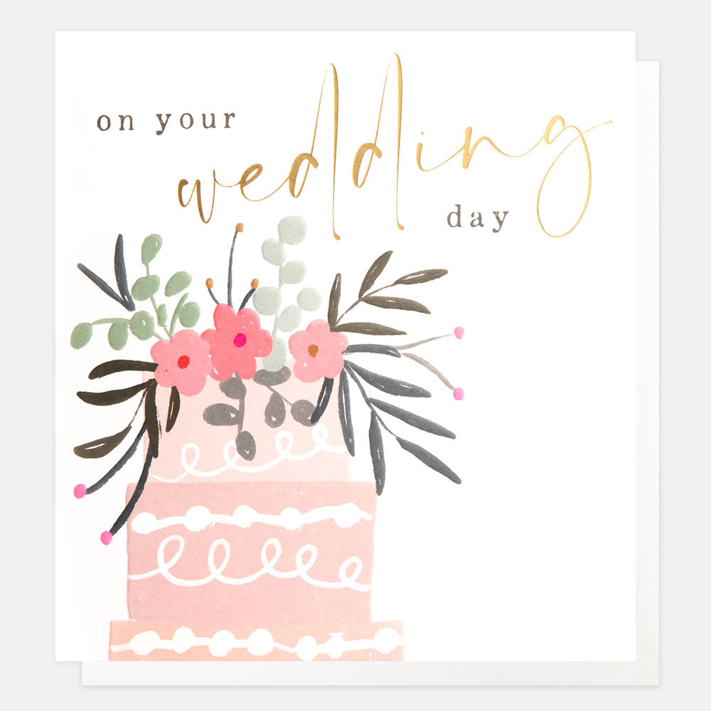 pink cake with flowers atop on your wedding day card