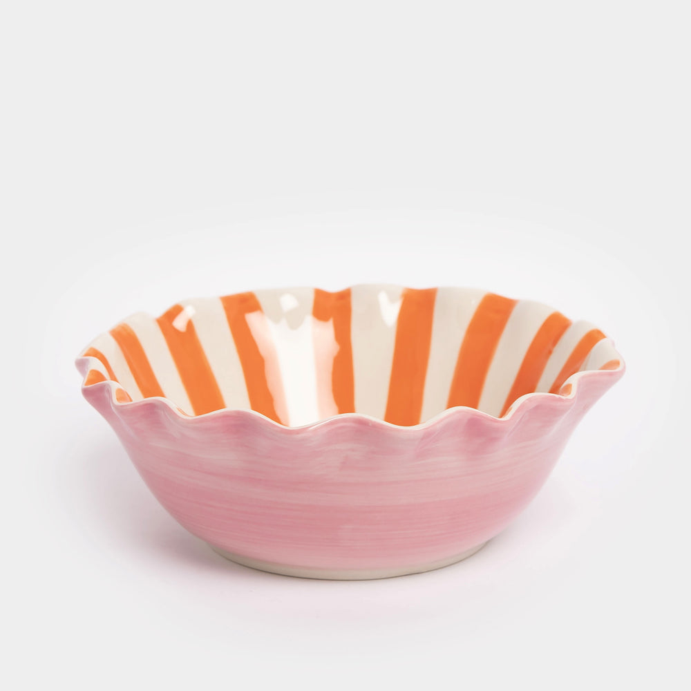 hand painted ceramic stoneware cereal bowl with pink outer, orange stripe internal, scalloped edge and two hearts design inside