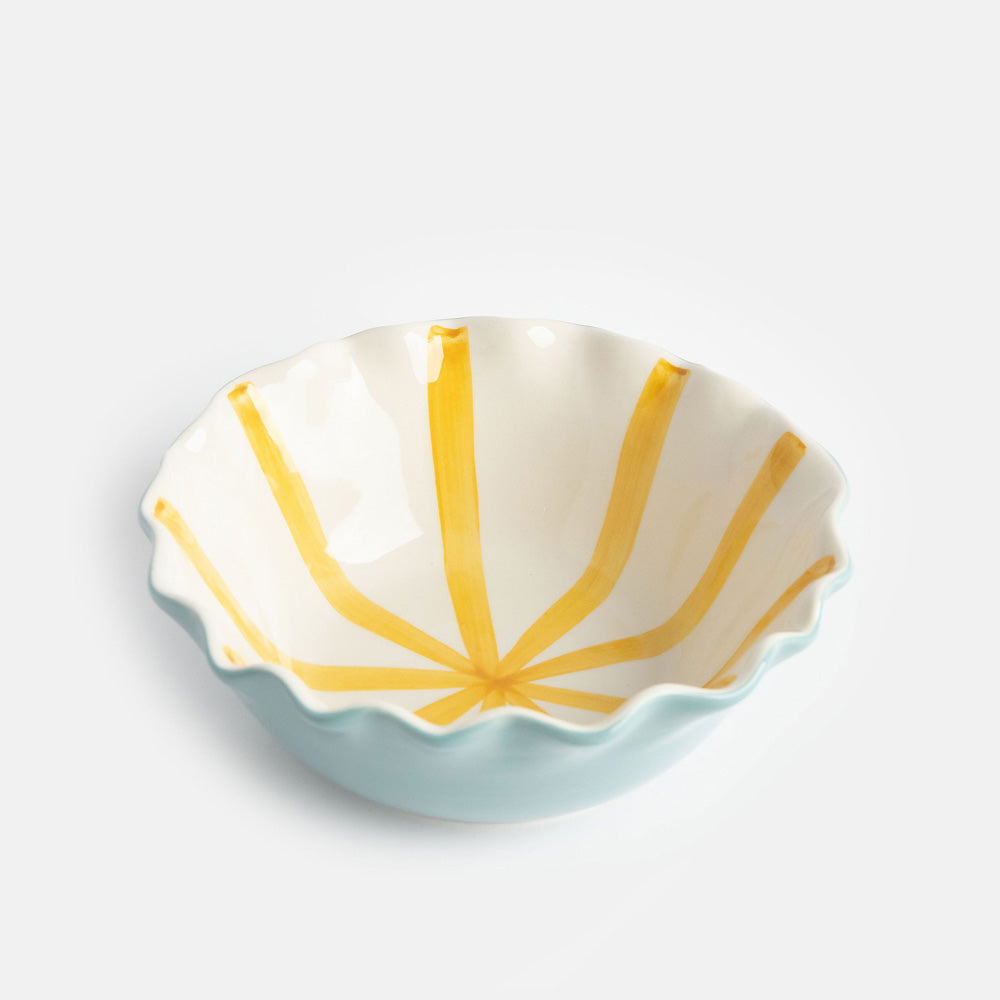 hand painted ceramic stoneware cereal bowl with baby blue outer, mustard stripe internal design and scalloped edges