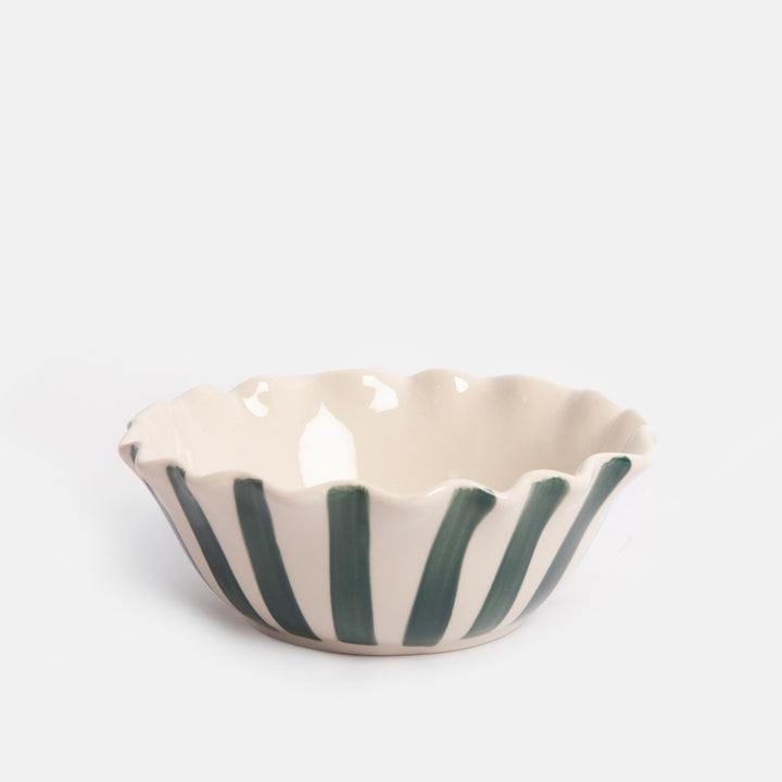 scallop edged ceramic bowl with blue stripes