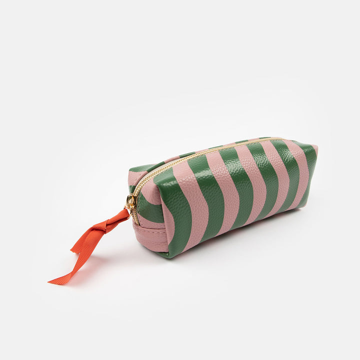 pink and green wave stripe zip case with gold zip and orange ribbon zip pull