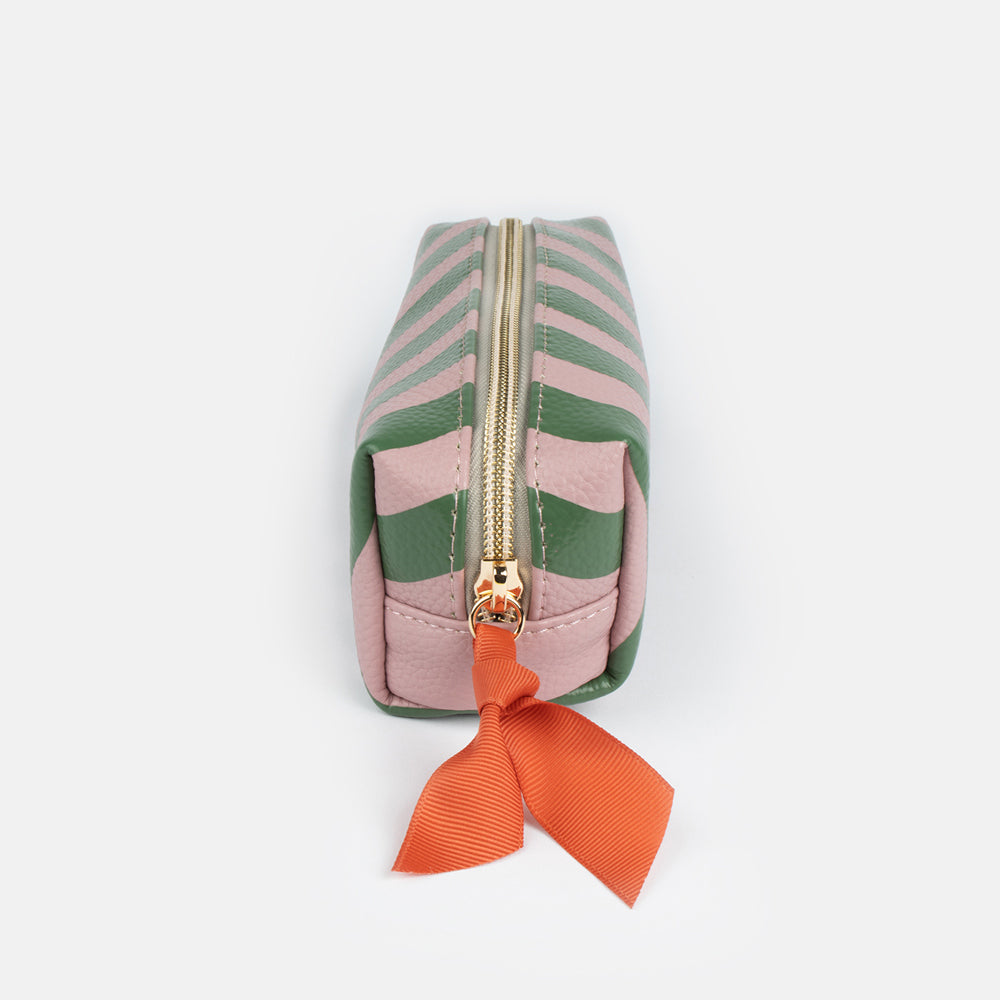 pink and green wave stripe zip case with gold zip and orange ribbon zip pull