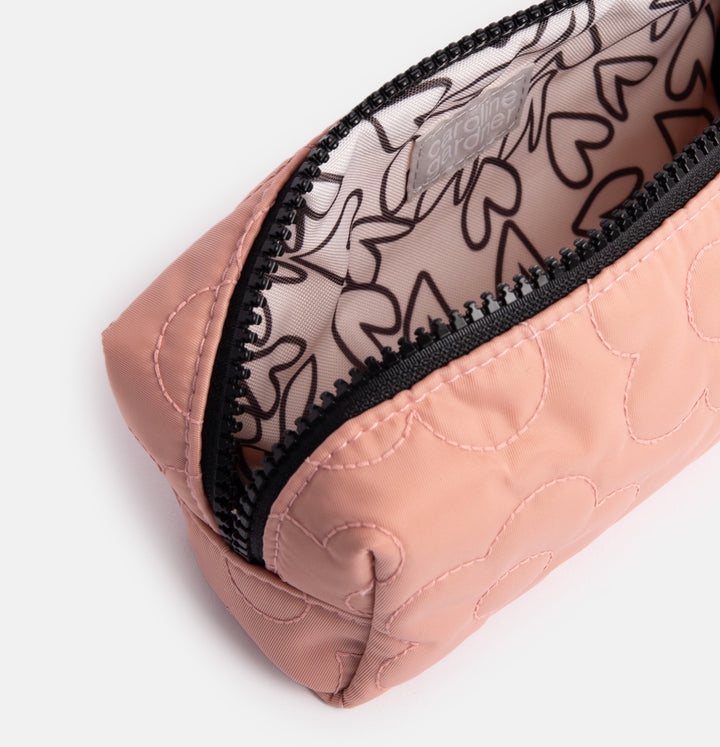 pink flower quilted zip case with heart print lining, ideal as a pencil case or small cosmetics bag