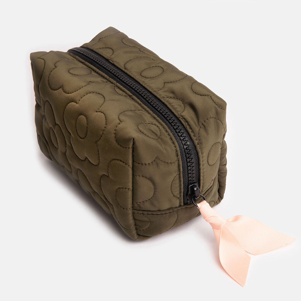 khaki green flower quilt cube cosmetics bag with heart print wipe clean lining, internal pocket and contrast grosgrain zip pull