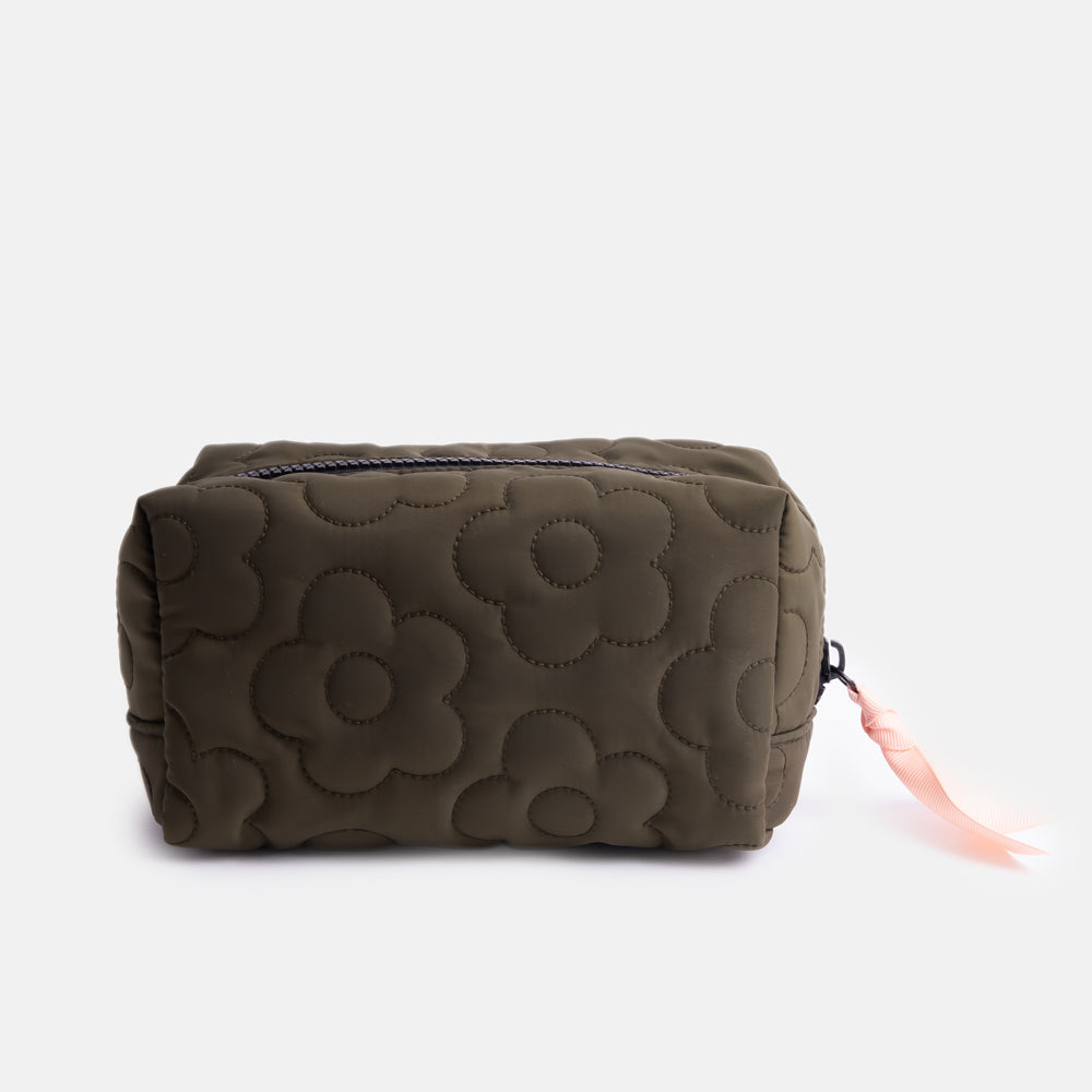 khaki green flower quilt cube cosmetics bag with heart print wipe clean lining, internal pocket and contrast grosgrain zip pull