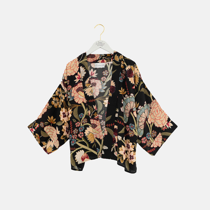 colourful floral print on black base short kimono jacket, made by one hundred stars