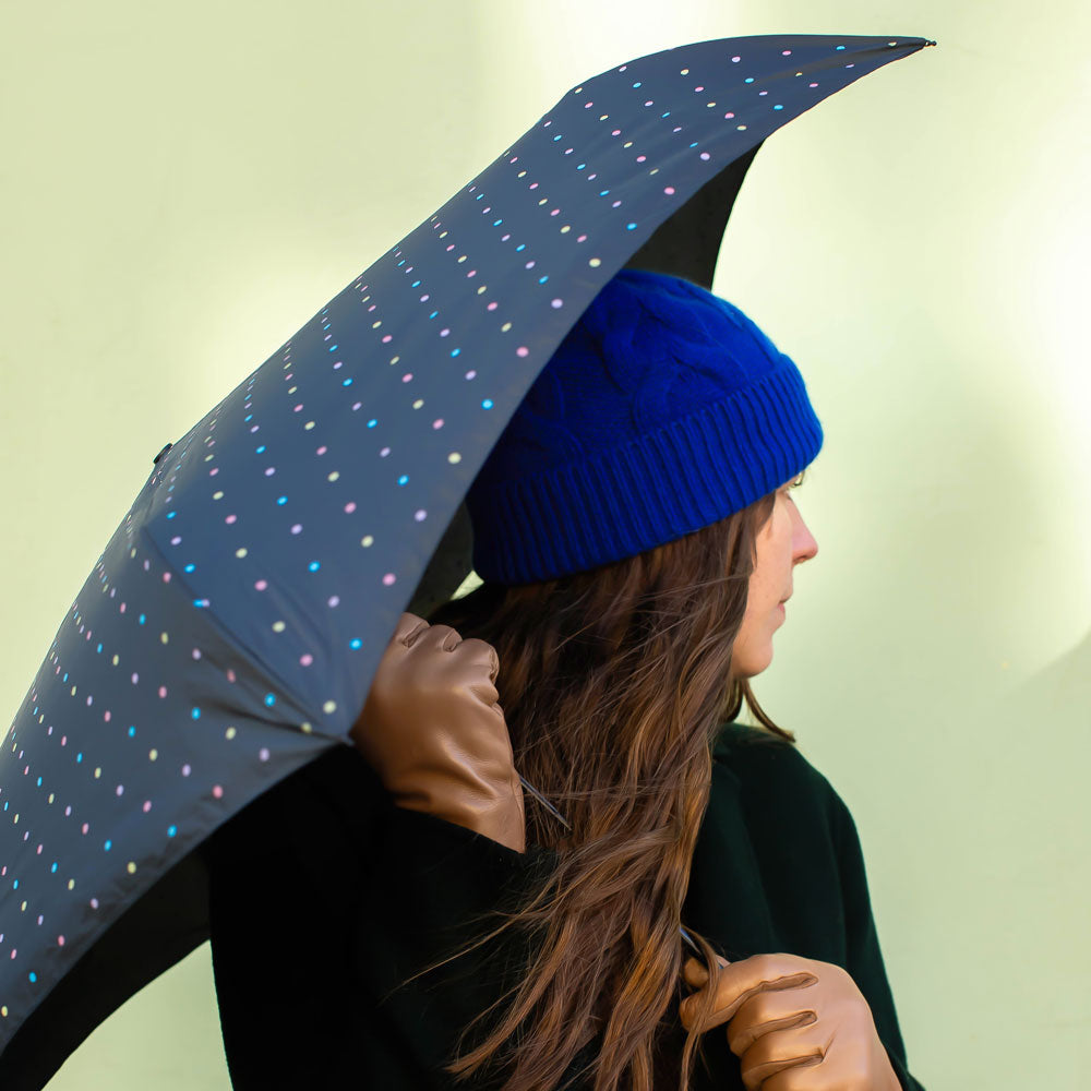 black with multi coloured spots foldaway umbrella made by Fulton