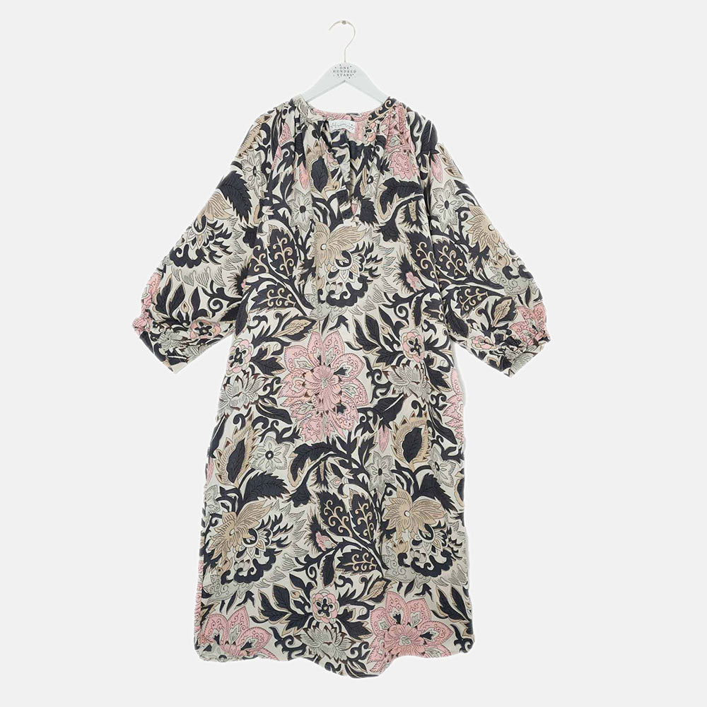 black, pink and taupe floral print linen mix raglan dress by One Hundred Stars 