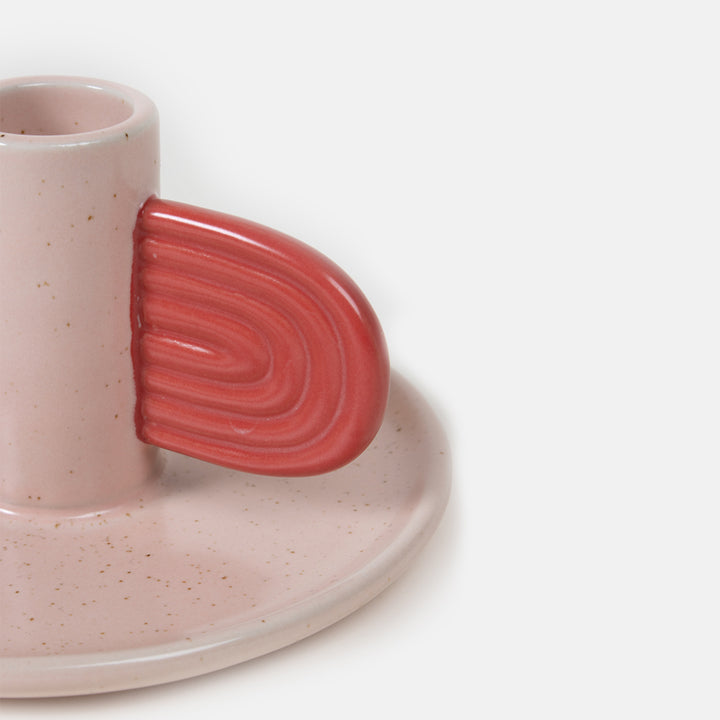 hand painted ceramic pale pink candle holder with red handle