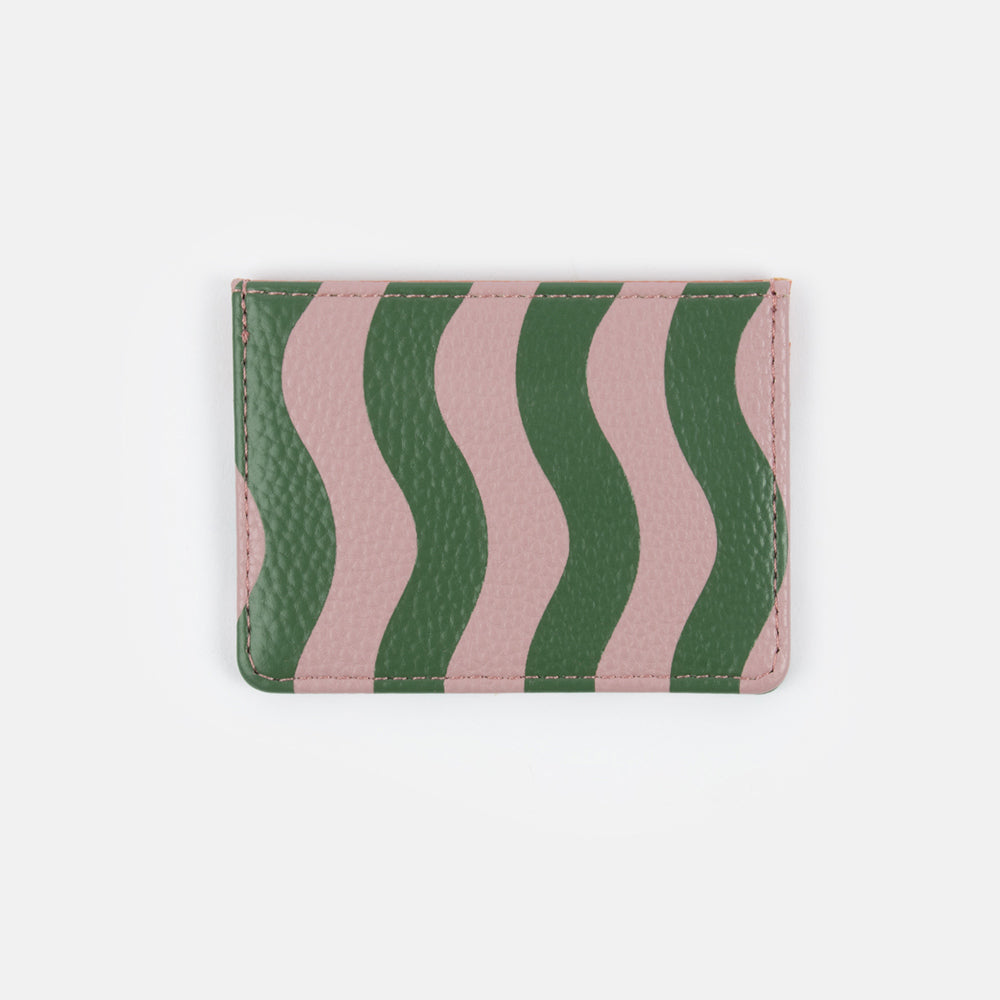 back of pink and green leather look card holder purse with orange contrast