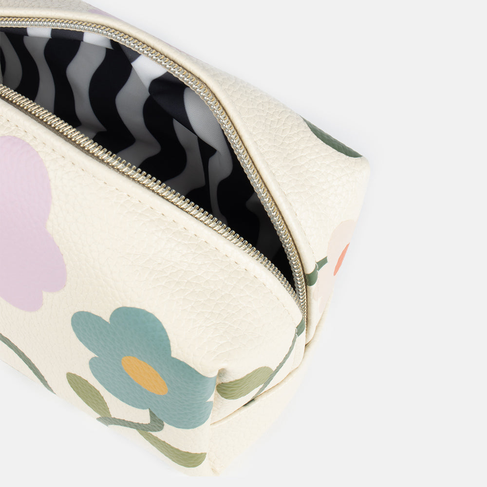 multi coloured floral print leather look cube cosmetics bag with black and white striped lining