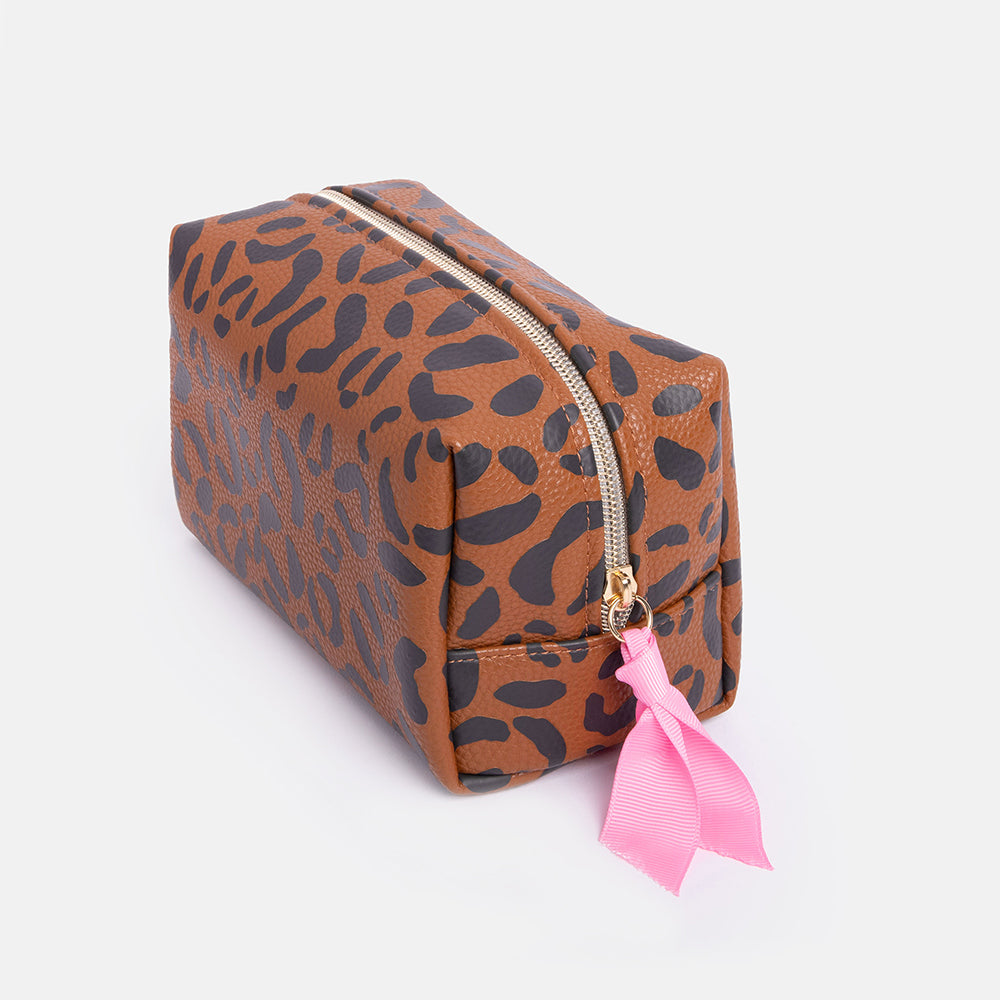 brown leopard print cube cosmetics bag or mini washbag