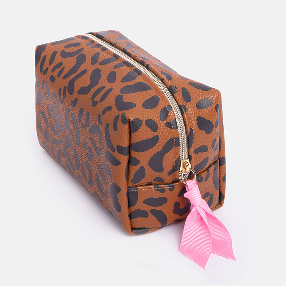 brown leopard print cube cosmetics bag or mini washbag