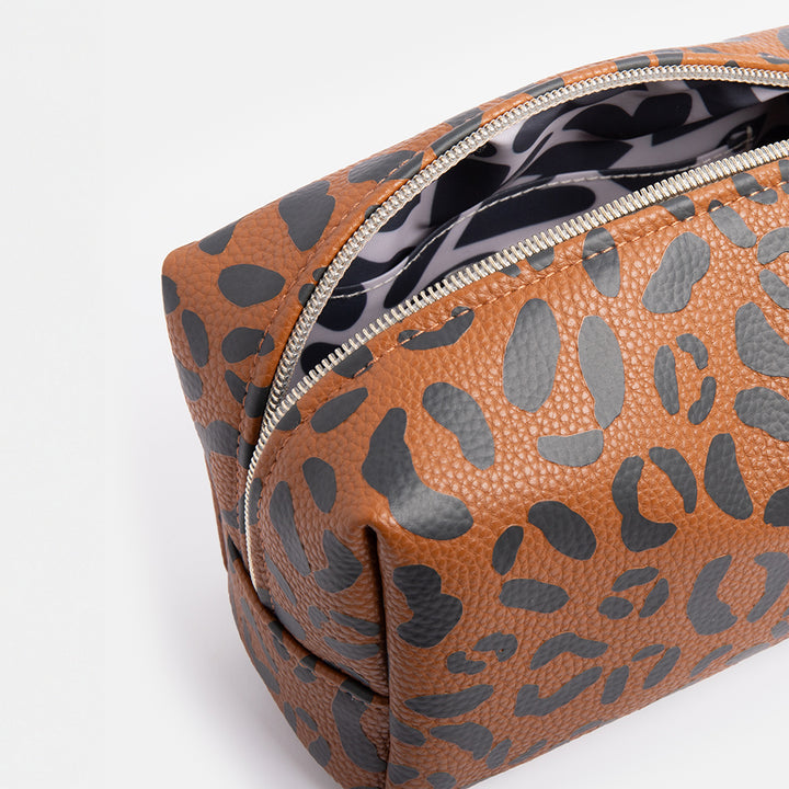 brown leopard print cube cosmetics bag or mini washbag