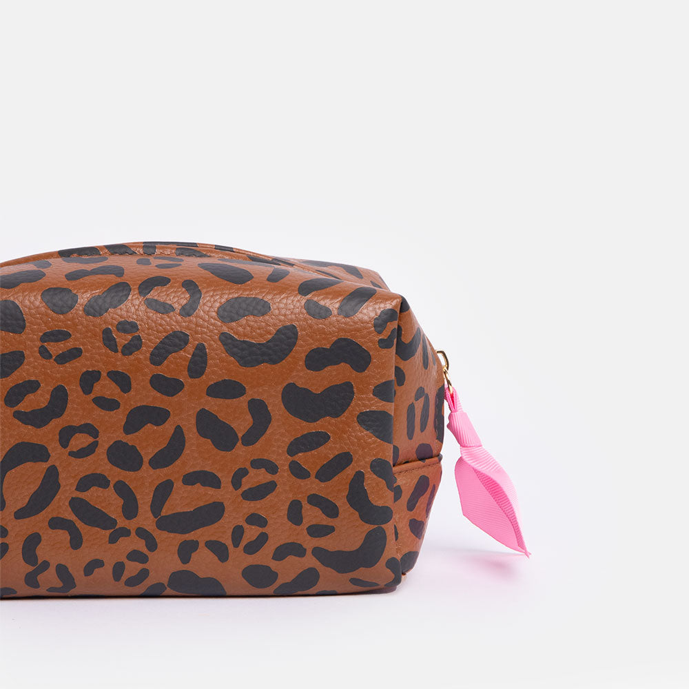 brown leopard print cube cosmetics bag or mini washbag