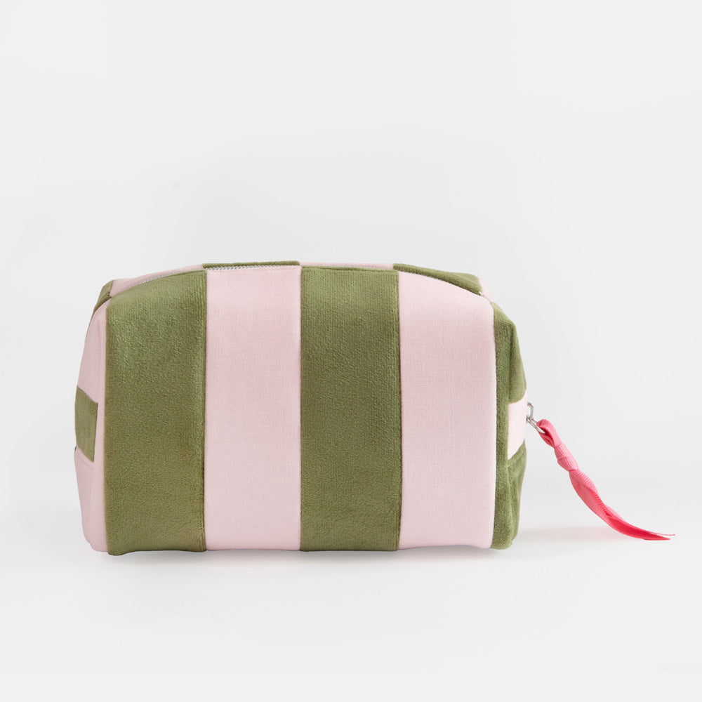 A rectangular zippered pouch with vertical stripes in olive green and light pink, featuring a bright pink zipper pull tab, set against a plain white background.