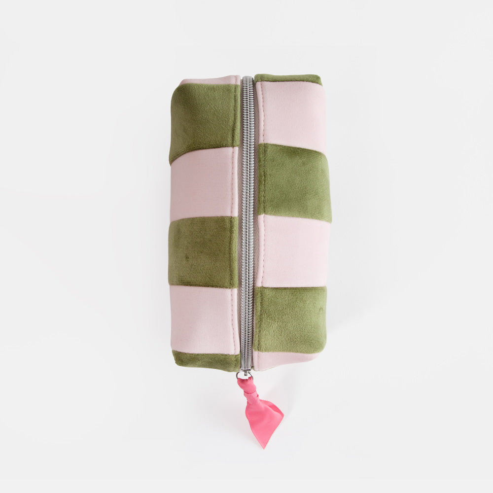A small zippered pouch with alternating horizontal stripes of sage green and light pink, featuring a silver zipper and a small pink fabric pull tab, shown on a plain white background.