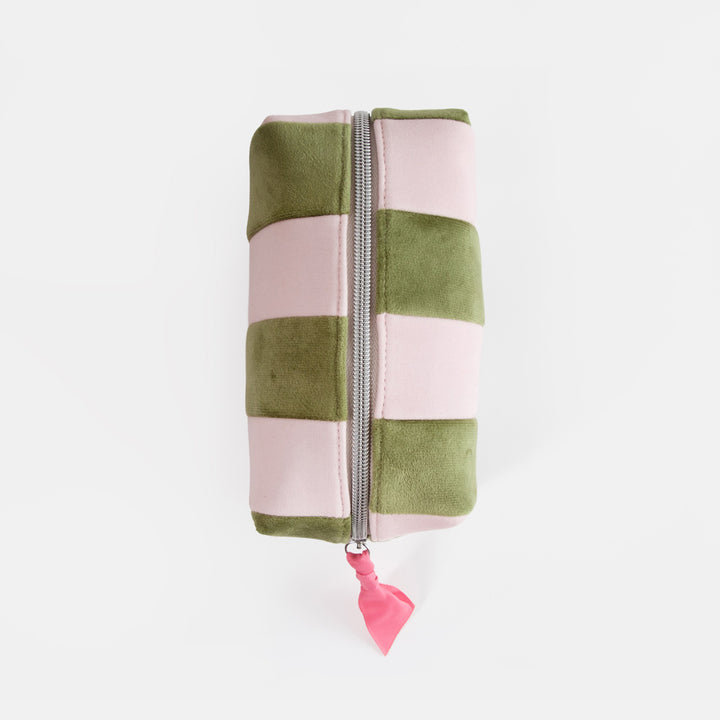 A small zippered pouch with alternating horizontal stripes of sage green and light pink, featuring a silver zipper and a small pink fabric pull tab, shown on a plain white background.