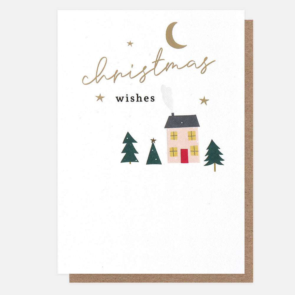 Christmas wishes house and christmas trees card