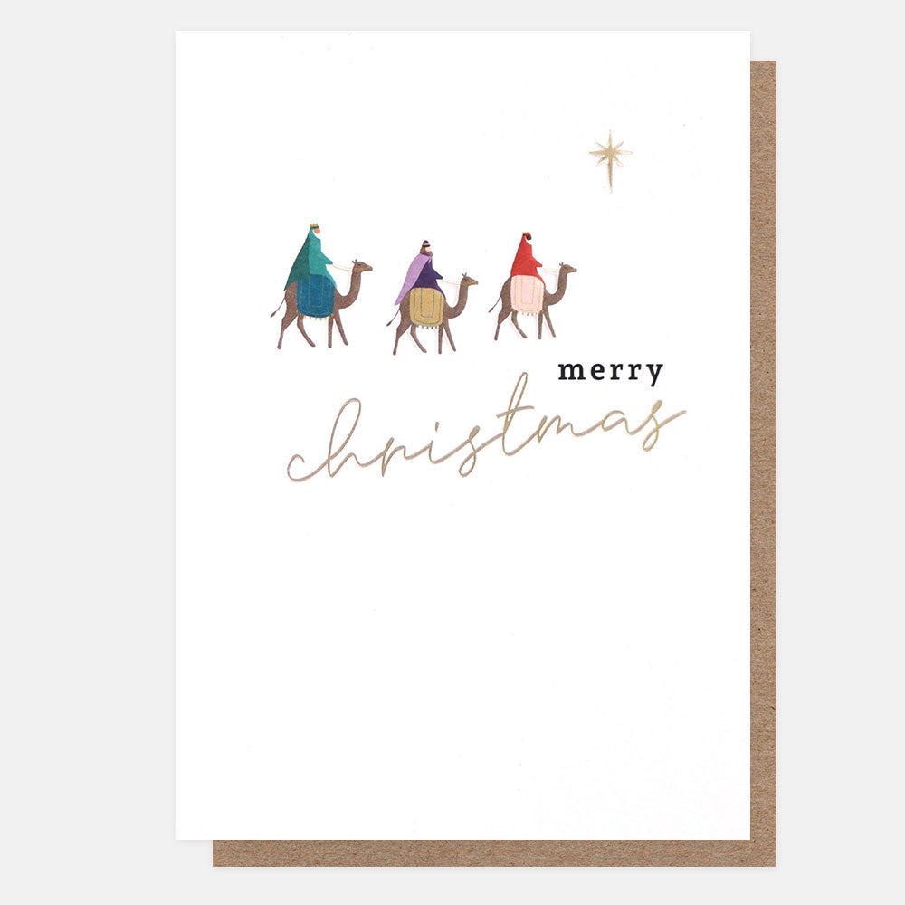 three wise men on camels following star of Bethlehem Christmas card